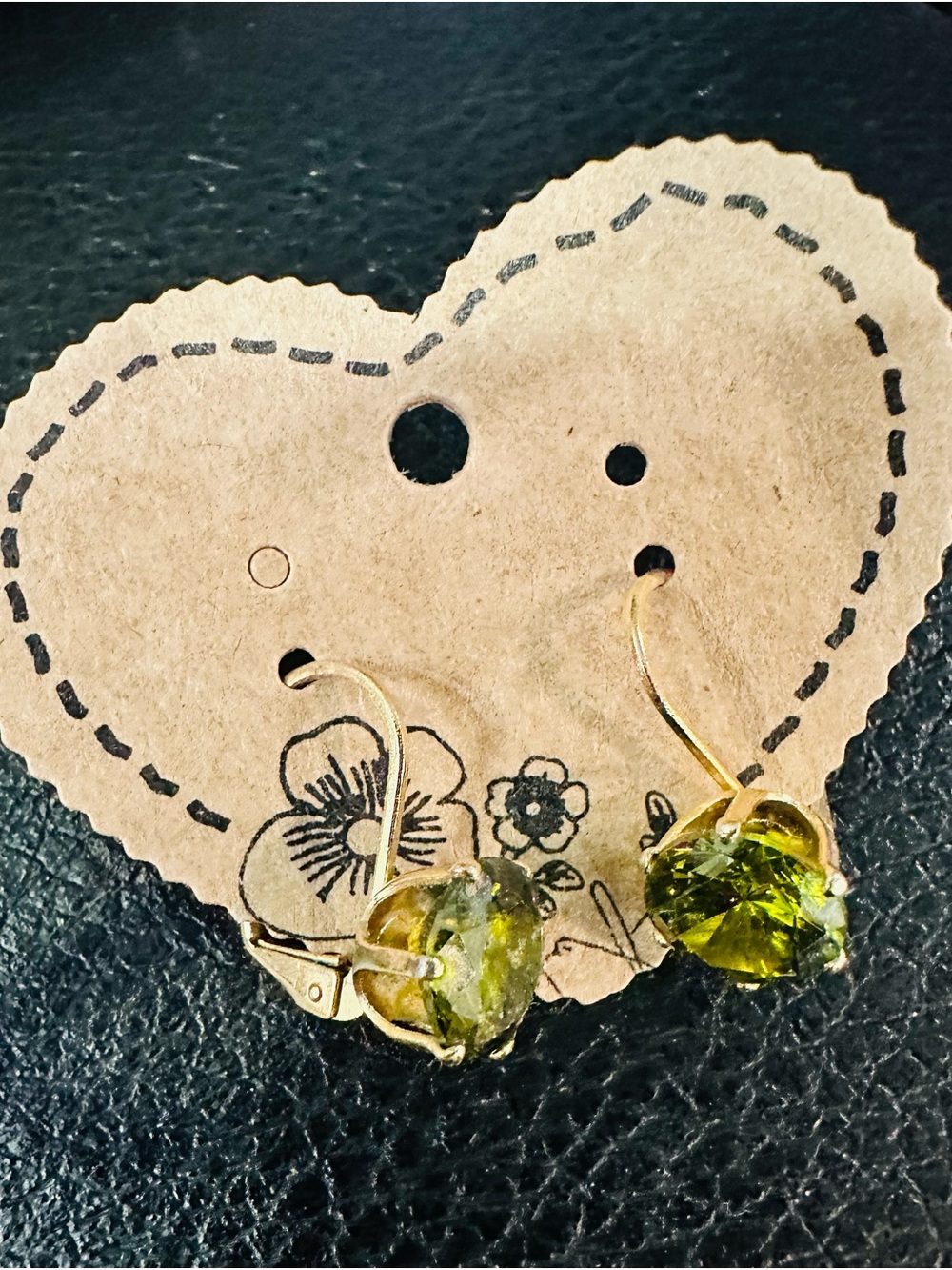 Gold-Tone Olive Green Heart Crystal Drop Earrings - Elegant Sparkle